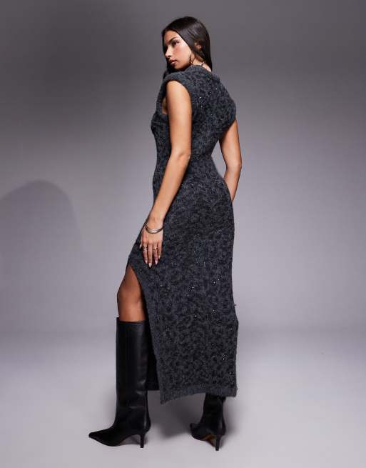 ASOS DESIGN - Maxi jurk met schoudervullingen en lovertjes in antracietgrijs, 3 van 4