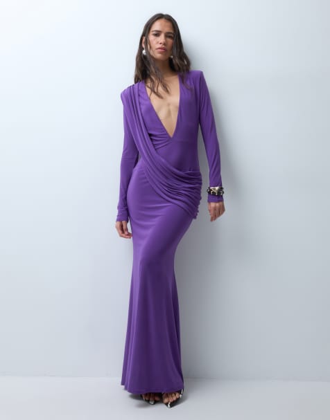 ASOS DESIGN maxi jurk met schoudervullingen, soepelvallend en gedrapeerd detail in paars - view 1