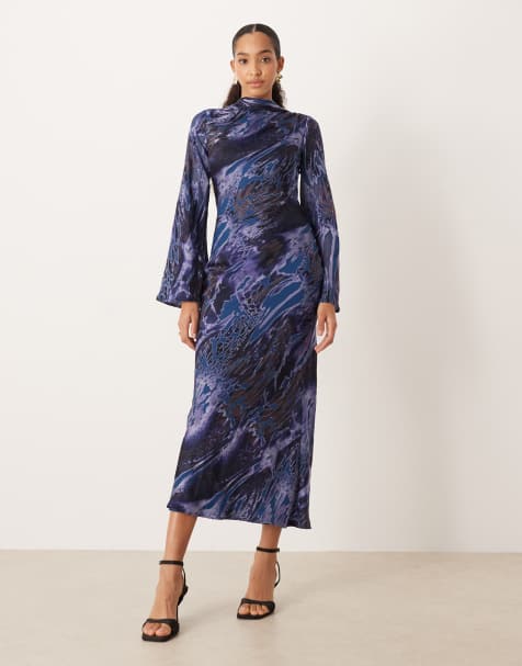 ASOS DESIGN - Maxi-jurk met sjaaldetail en abstracte print in zwart en blauw - view 1