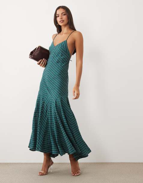 ASOS DESIGN maxi jurk met smalle bandjes, lage rug en godetzoom in teal streep - view 1