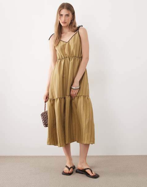 ASOS DESIGN - Maxi jurk met strikdetail, stroken en gekleurd randje in olijfgroen - view 1