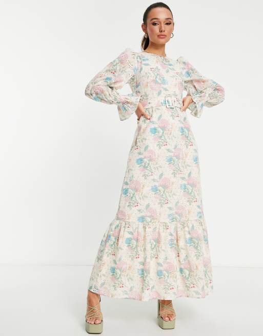 ASOS DESIGN - Maxi jurk met strook langs de zoom, riem, broderie en bloemenprint