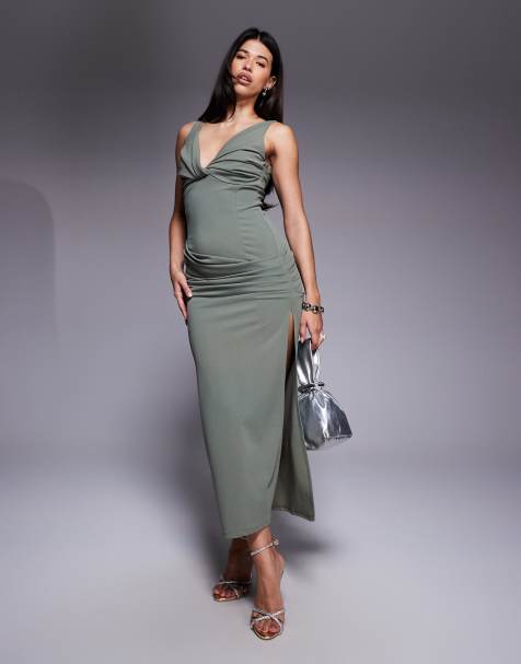 ASOS DESIGN - Maxi-jurk met structuur en gedraaide voorkant in kaki - view 1