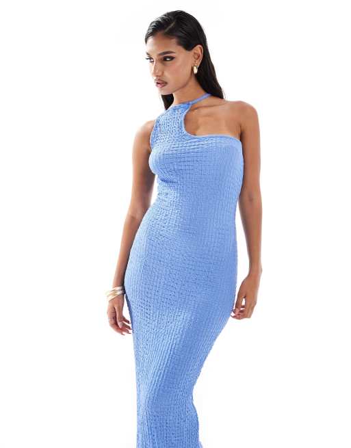 ASOS DESIGN - Maxi-jurk met textuur en asymmetrisch halternek in blauw