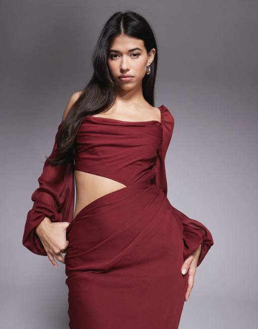 ASOS DESIGN - Maxi jurk met uitgesneden details en gedrapeerde blousonmouwen in moerbei, 4 van 4