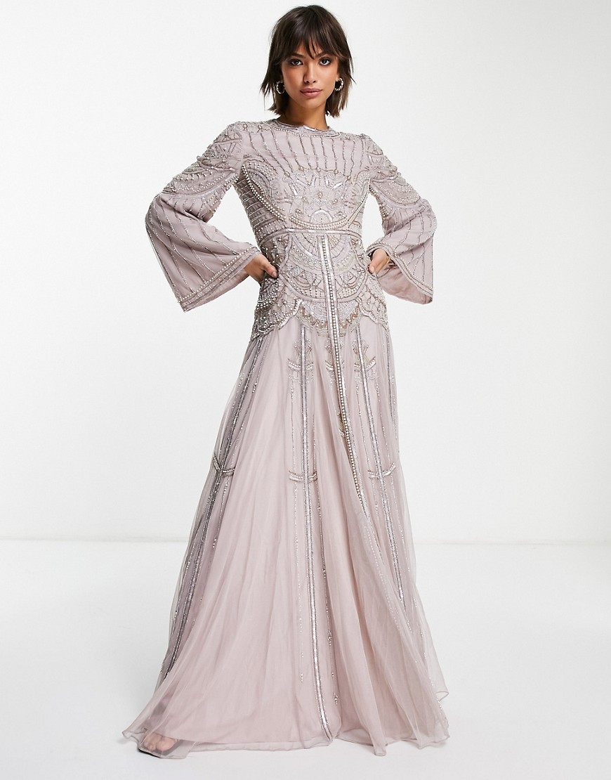 ASOS DESIGN - Maxi jurk met uitlopende mouwen en all-over versiering-Veelkleurig