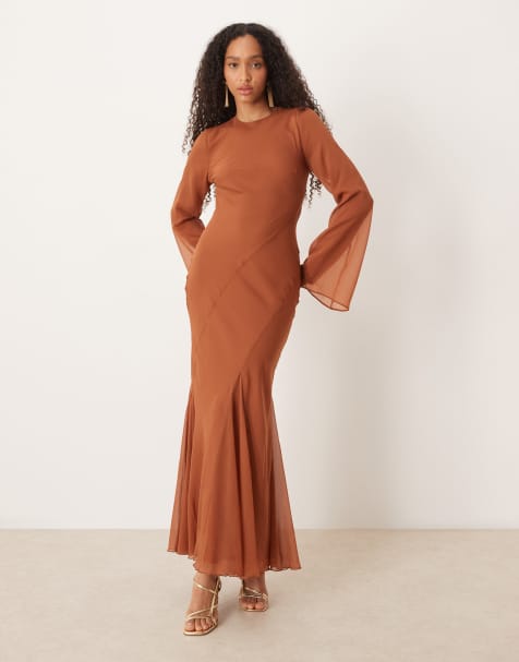 ASOS DESIGN - Maxi-jurk met uitlopende mouwen in donkere roestkleur - view 1