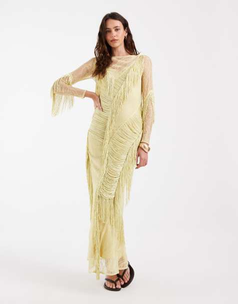 ASOS DESIGN maxi jurk met uitsnijding bij de hals, kanten franjes en open rug in licht olijfgroen - view 1