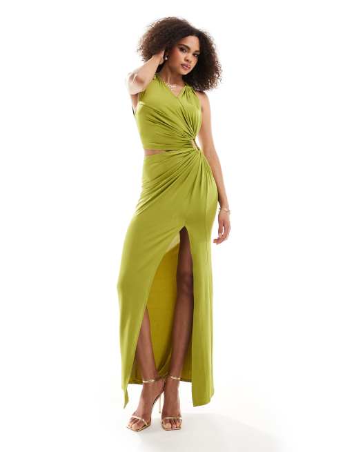 ASOS DESIGN - Maxi jurk met uitsnijding met rimpeleffect en split in olijfgroen
