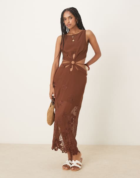 ASOS DESIGN - Maxi jurk met uitsnijdingen en bloemenborduursels in chocoladebruin - view 1