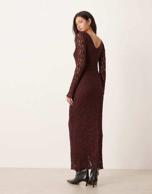 ASOS DESIGN - Maxi jurk met V-hals en lange mouwen in chocoladebruin, 3 van 4