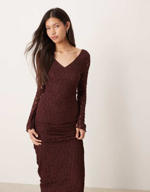 ASOS DESIGN - Maxi jurk met V-hals en lange mouwen in chocoladebruin, 4 van 4