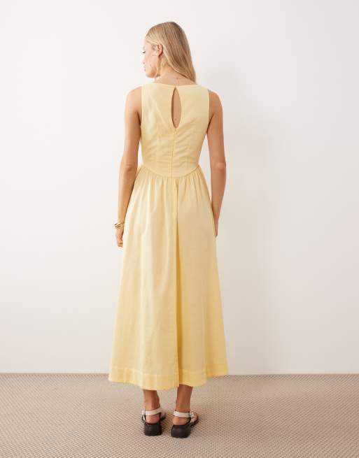 ASOS DESIGN - Maxi jurk met V-hals, siernaden en aansluitende taille in botergeel, 3 van 4