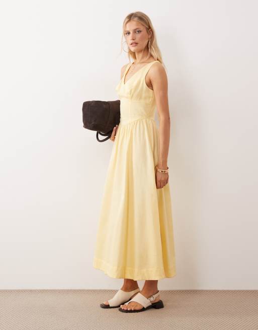 ASOS DESIGN - Maxi jurk met V-hals, siernaden en aansluitende taille in botergeel, 4 van 4