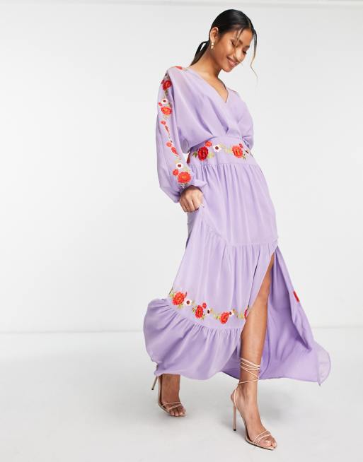 ASOS DESIGN Maxi jurk met V hals vleermuismouwen en borduursels in lila