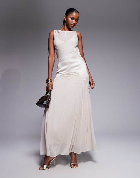 ASOS DESIGN - Maxi jurk met verlaagde taille, A-lijn en godetplooien in stone - view 1