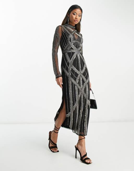 ASOS DESIGN - Maxi jurk met versierd patroon in zwart, 4 van 4