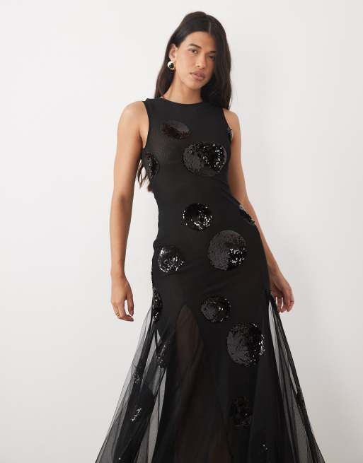 ASOS DESIGN maxi jurk met versiering en paillettenprint in zwart, 2 van 4