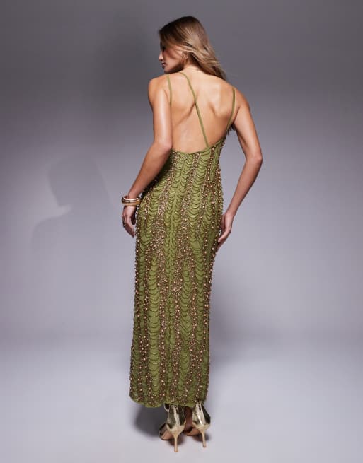 ASOS DESIGN - Maxi jurk met versiering, split en open achterkant in olijfgroen, 2 van 4