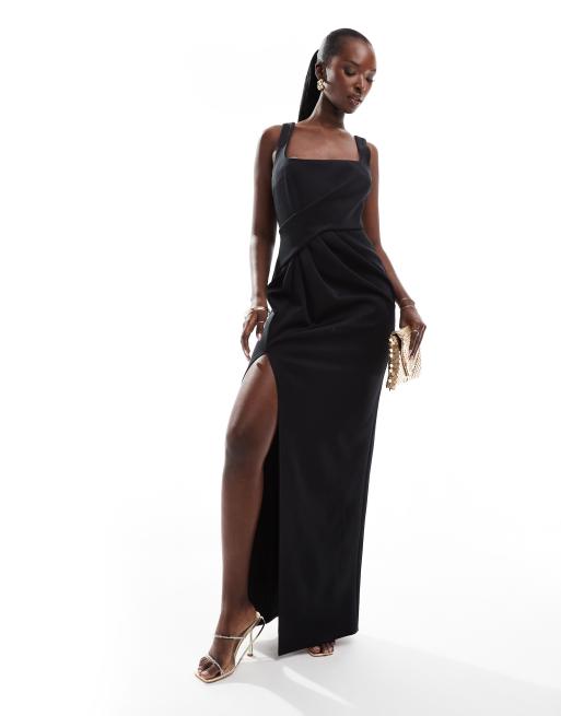 ASOS DESIGN - Maxi jurk met vierkante hals en plooien in zwart