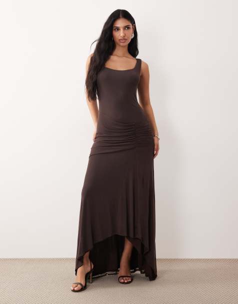 ASOS DESIGN maxi jurk met vierkante hals in donkerbruin - view 1