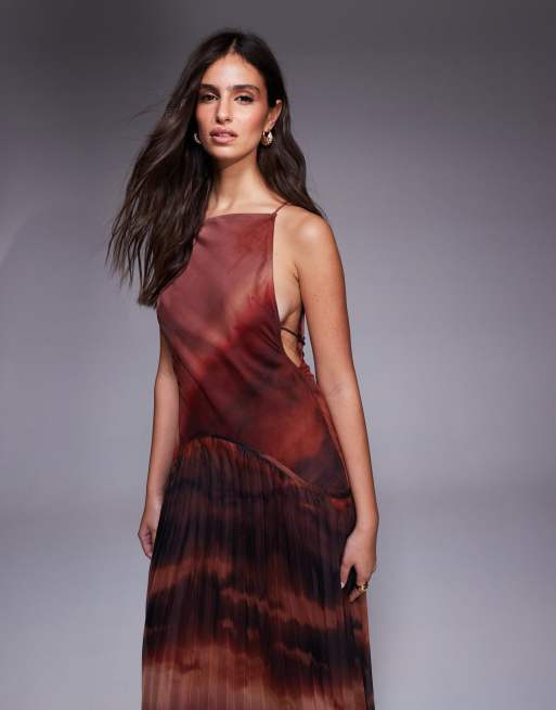 ASOS DESIGN - Maxi-jurk met vierkante hals, verlaagde taille en plooirok in print met kleurverloop, 4 van 4