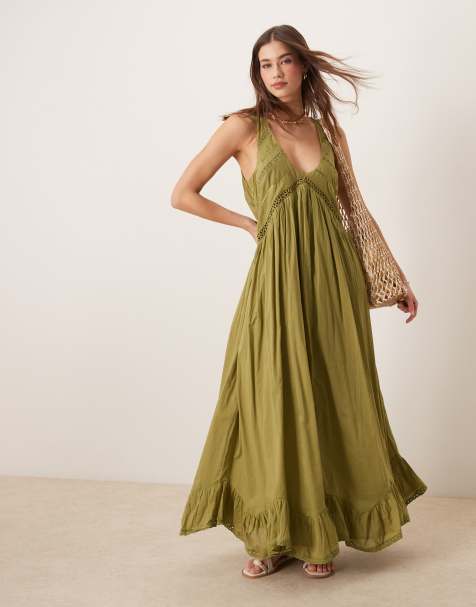 ASOS DESIGN - Maxi-jurk met zakdoekzoom en lage ronde hals in olijfgroen - view 1