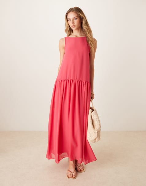 ASOS DESIGN - Maxi jurk van chiffon en verlaagde taille in felroze - view 1