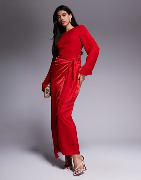 ASOS DESIGN - Maxi jurk van chiffon met blousonmouwen en satijnen wikkelrok in rood - view 1
