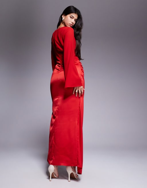 ASOS DESIGN - Maxi jurk van chiffon met blousonmouwen en satijnen wikkelrok in rood, 4 van 4