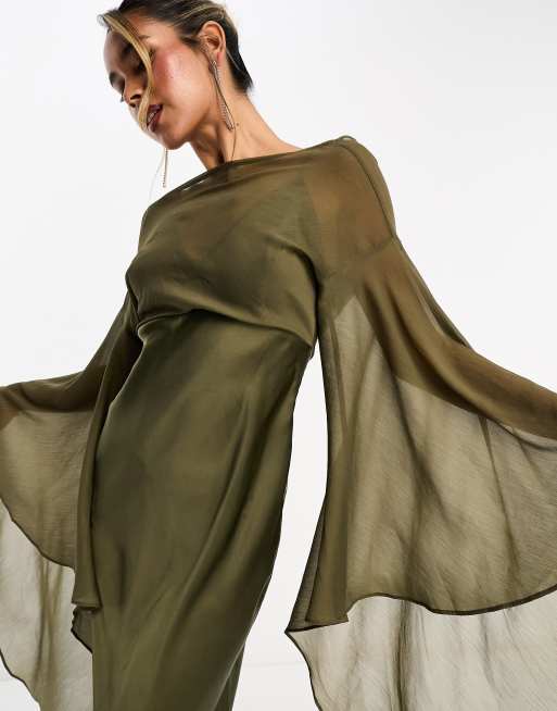 ASOS DESIGN - Maxi jurk van chiffon met extreem wijde mouwen en rok van schuin gesneden satijn in kaki, 3 van 4