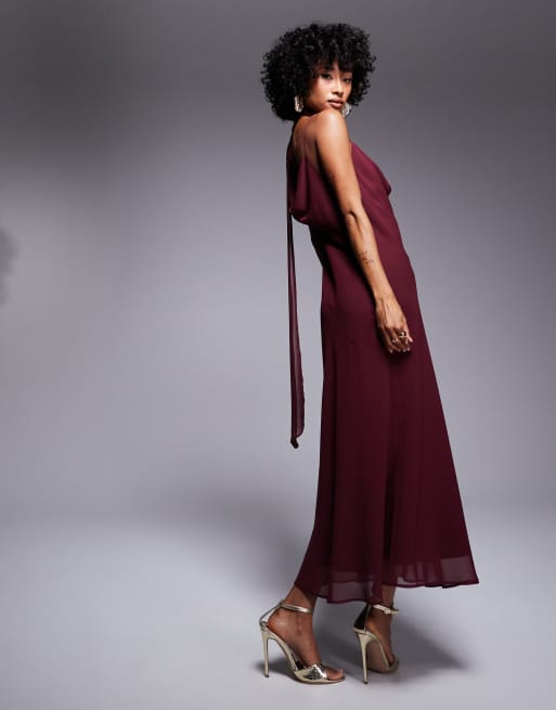 ASOS DESIGN - Maxi jurk van chiffon met gedrapeerde halslijn en sjaaldetail in bordeauxrood, 4 van 4