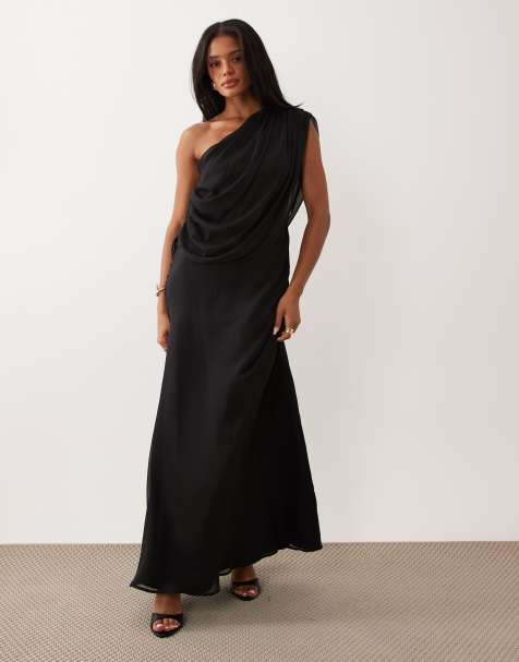 ASOS DESIGN - Maxi jurk van chiffon met gedrapeerde schouder en achterkant in zwart - view 1