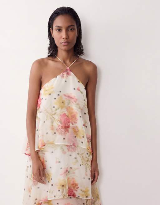 ASOS DESIGN - Maxi jurk van chiffon met halternek en bloemenprint in roze en wit, 3 van 4