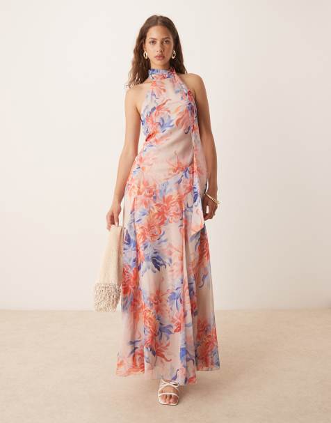 ASOS DESIGN - Maxi jurk van chiffon met halternek, verlaagde taille en bloemenprint in roze en blauw - view 1