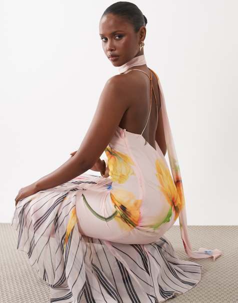 ASOS DESIGN - Maxi-jurk van chiffon met sjaal en godetzoom in mix van strepen- en bloemenprint - view 1