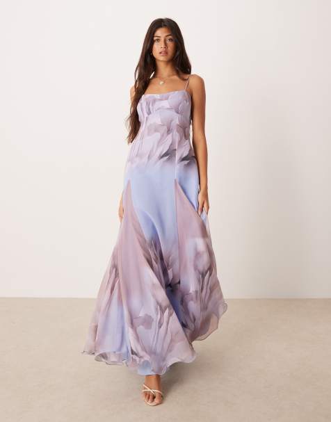 ASOS DESIGN - Maxi-jurk van chiffon met smalle bandjes, diepe godetplooien en bloemenprint in lila - view 1