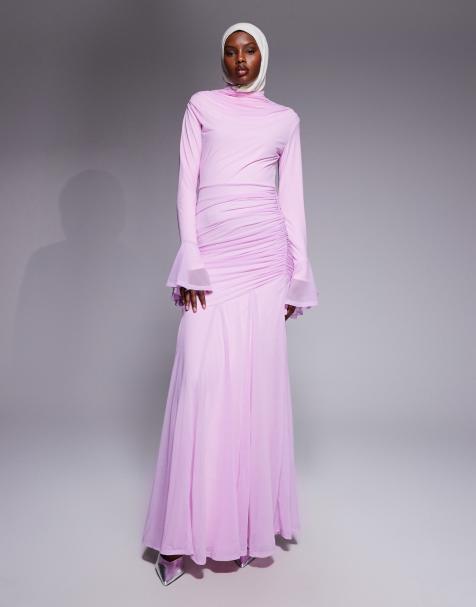 ASOS DESIGN - Maxi jurk van chiffon met stretch, gedrapeerde taille en uitlopende mouwen in babyroze - view 1