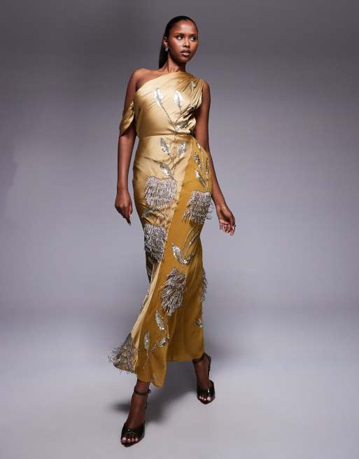 ASOS DESIGN - Maxi-jurk van chiffon satijnmix met bloemenversiering in okergeel, 2 van 4