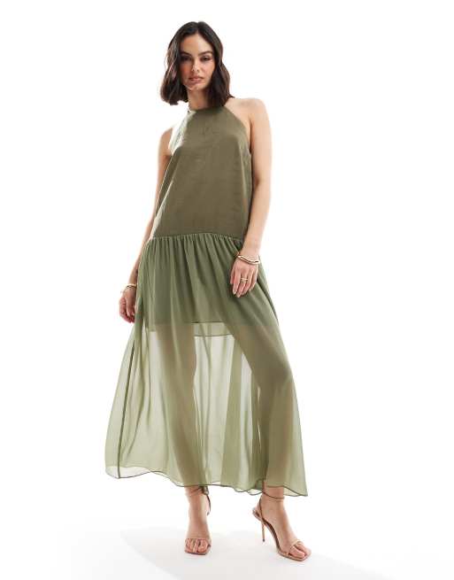 ASOS DESIGN - Maxi jurk van cupro en chiffon met halternek en A-lijn in kaki