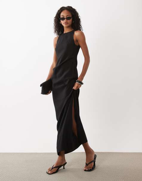 ASOS DESIGN - Maxi jurk van cupro met racerhals en plooidetail in zwart - view 1