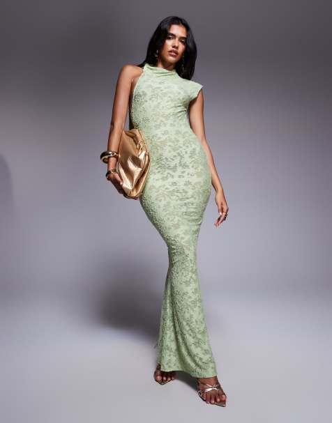 ASOS DESIGN - Maxi-jurk van devore met gestrikte hals in groen - view 1