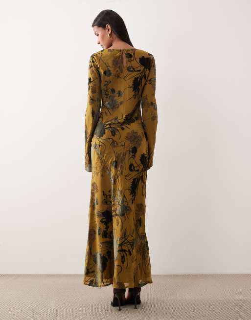 ASOS DESIGN - Maxi jurk van devoré met lange mouwen en bloemenprint in groen, 3 van 4