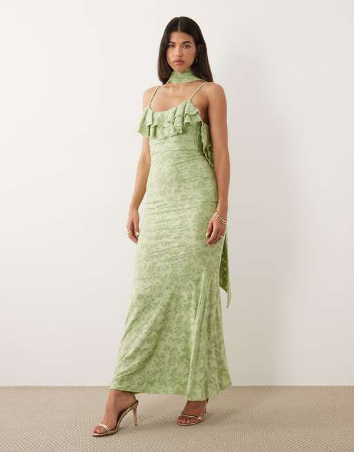 ASOS DESIGN - Maxi jurk van devoré met ruches aan de halslijn en sjaaldetail in groen, 2 van 4