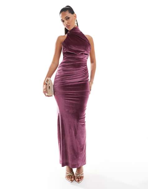 ASOS DESIGN - Maxi jurk van fluweel met gestrikte halternek aan de achterkant en gedraaide buste in roze - view 1