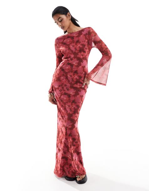 ASOS DESIGN - Maxi jurk van gebloemd mesh met lage rug en uitlopende mouwen in rode bloemenprint - view 1