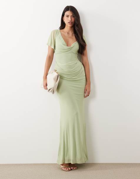 ASOS DESIGN - Maxi jurk van gedrapeerd mesh met asymmetrische mouwen in saliegroen - view 1
