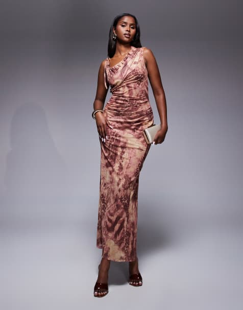 ASOS DESIGN - Maxi jurk van gedrapeerd van mesh met blote schouder in gemixte dieren- en bloemenprint - view 1