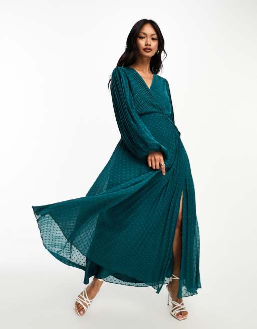 FhyzicsShops DESIGN - Maxi jurk van geplooid chiffon met overslag en knopen in dennengroen