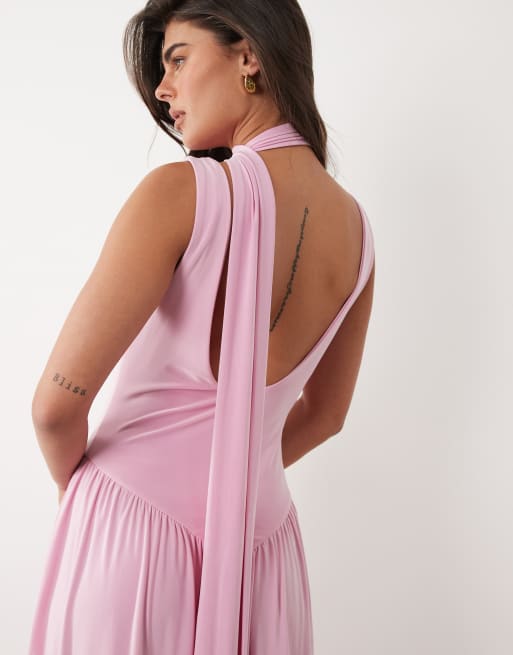 ASOS DESIGN - Maxi jurk van gladde stof met sjaaldetail in lichtroze, 3 van 4